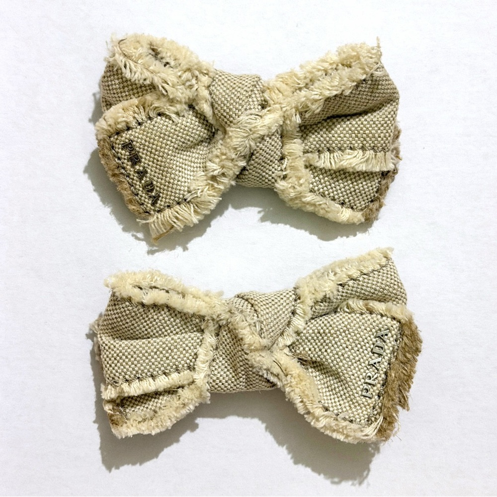 NEW Prada Cream Ivory Beige Bows Logo Fringe Canvas SET OF 2